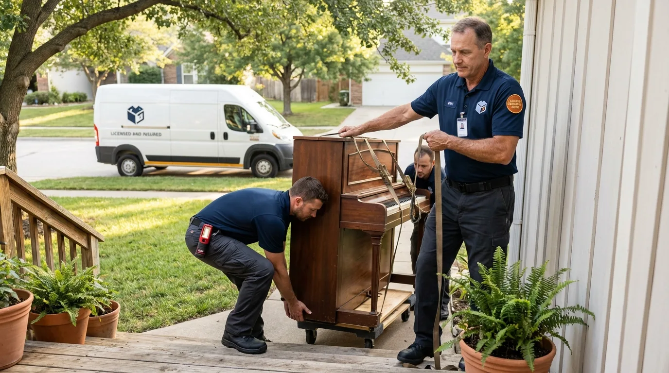 Licensed piano movers securing grand piano in Guayama, PR