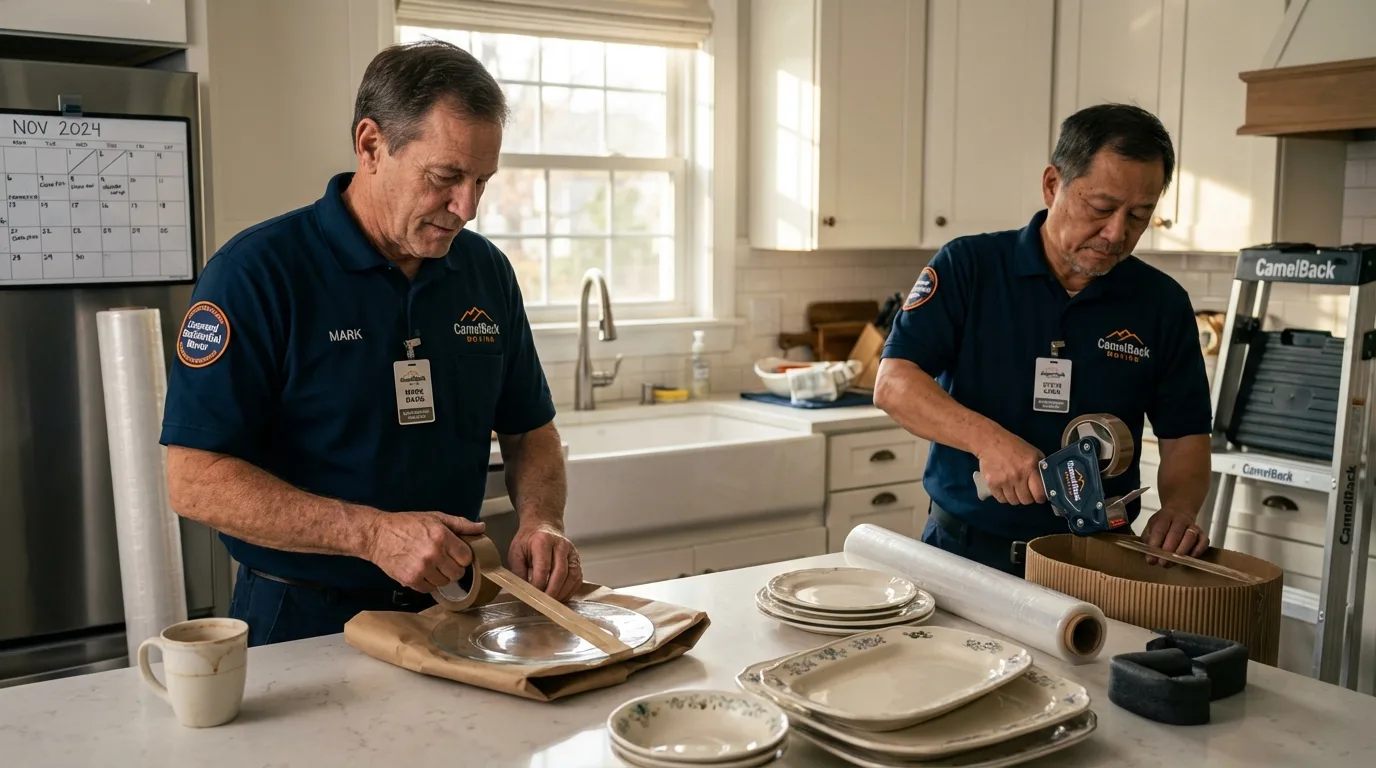 Professional crew packing kitchen dishware in Guayama, PR